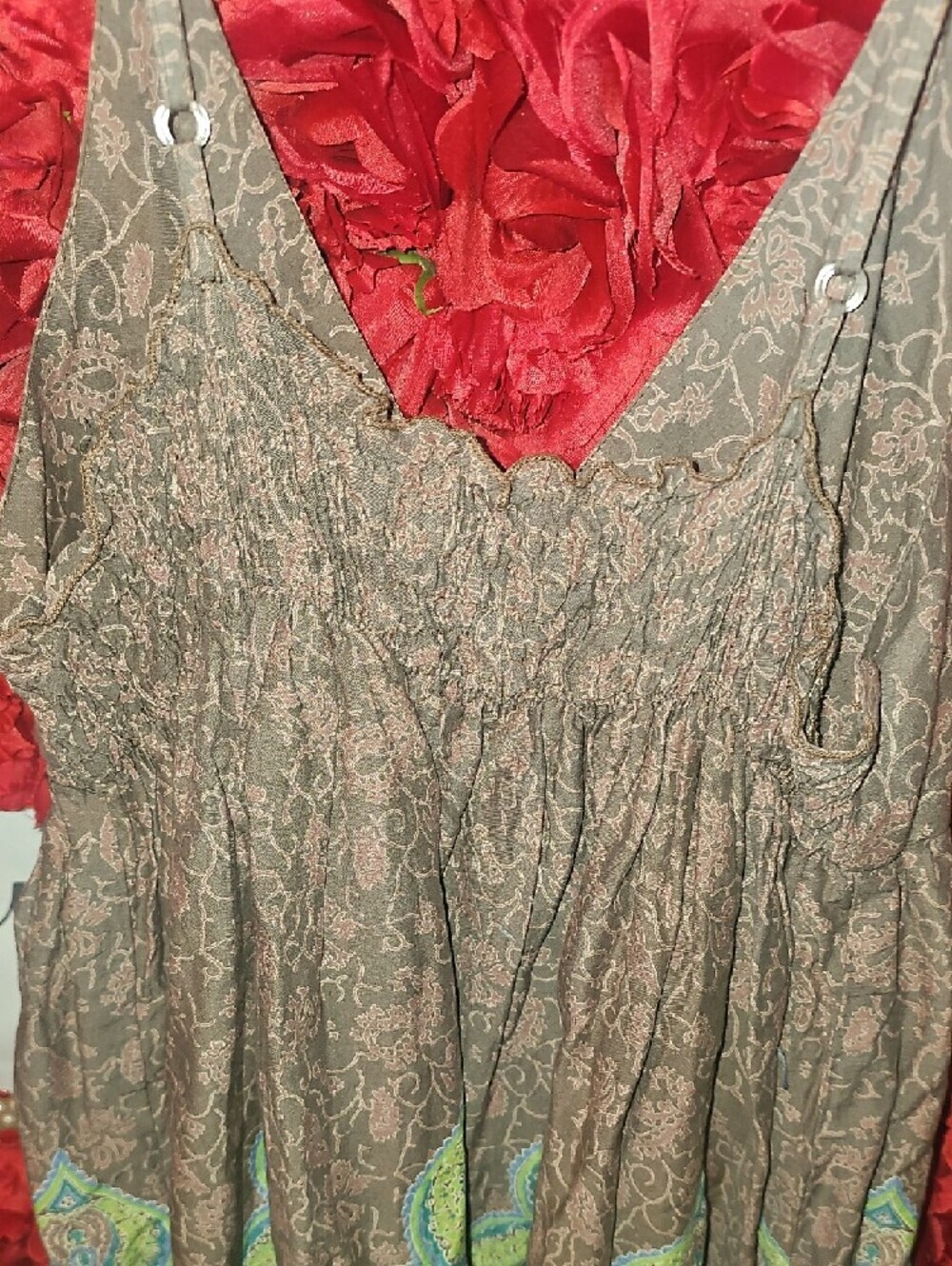 MKM Brown Paisley Print Sleeveless Dress with Teal Border Size Large - Picture 9 of 11